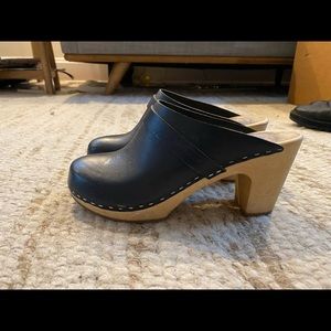 Swedish Hasbeens High Heeled Clogs, Navy Blue, Size 40